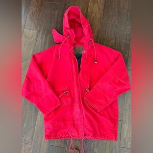 VTG 80s 90s Vintage Express Cotton Parka Jacket Red Hood Zip Plaid Lining